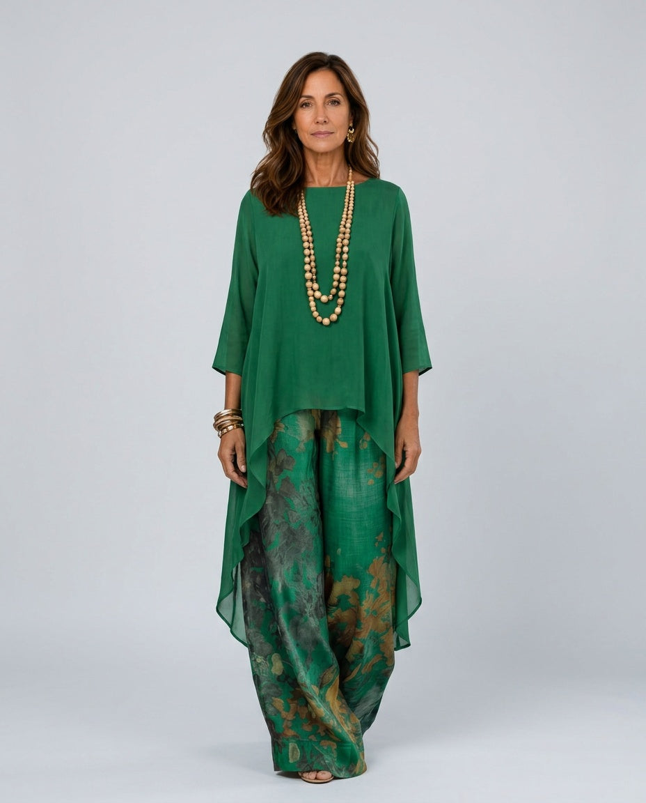 Belen | Printed Asymmetric Top & Wide-Leg Trousers Set