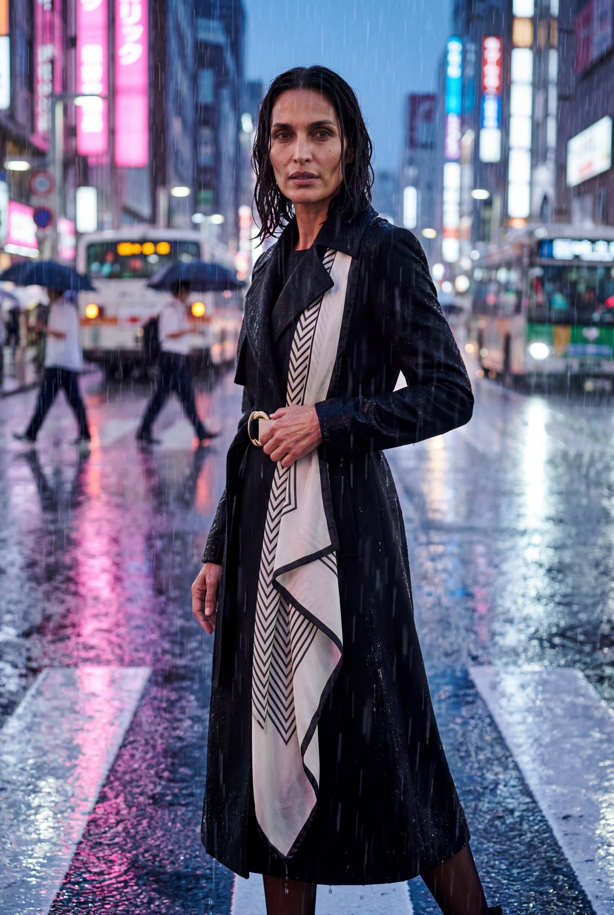 Noelia | Belted Geometric Scarf Midi Coat
