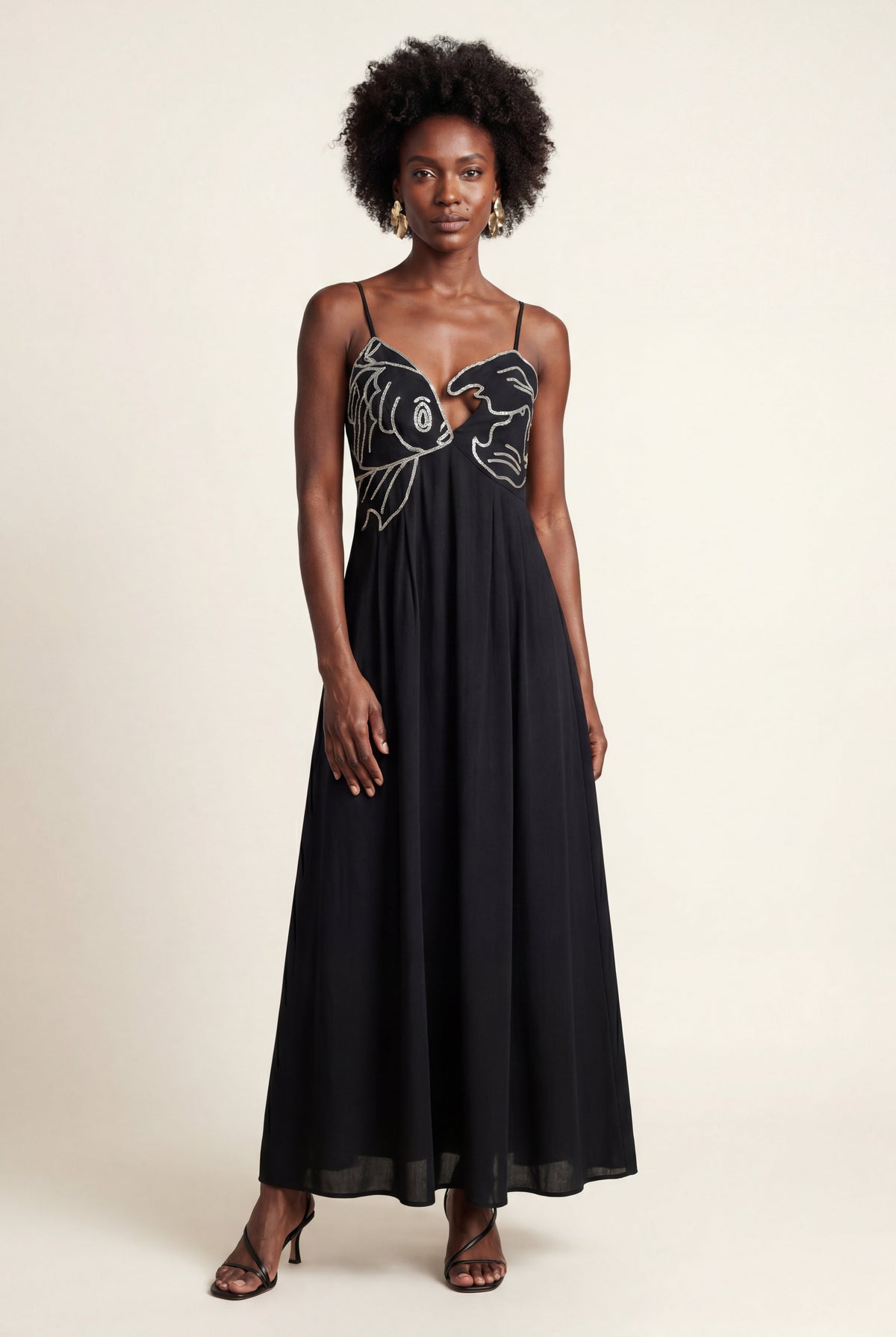Talia | Embroidered Fish Motif Open Back Maxi Dress