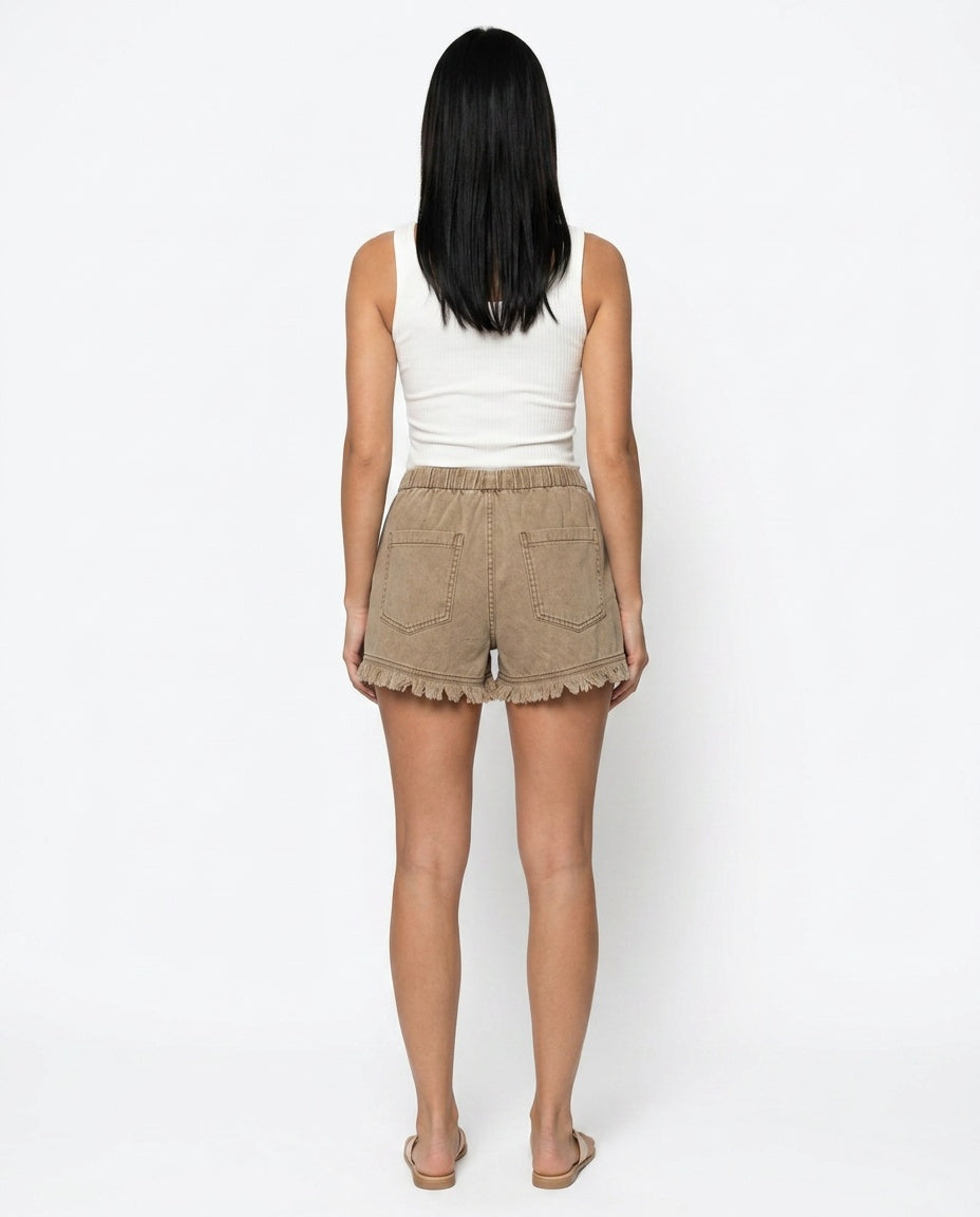 Florencia | Elastic Waist Raw Hem Denim-Look Shorts