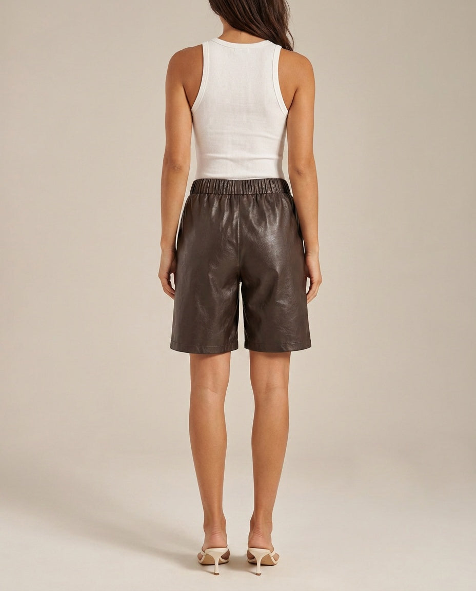 Tazmira | Faux Leather Bermuda Shorts with Elastic Waist