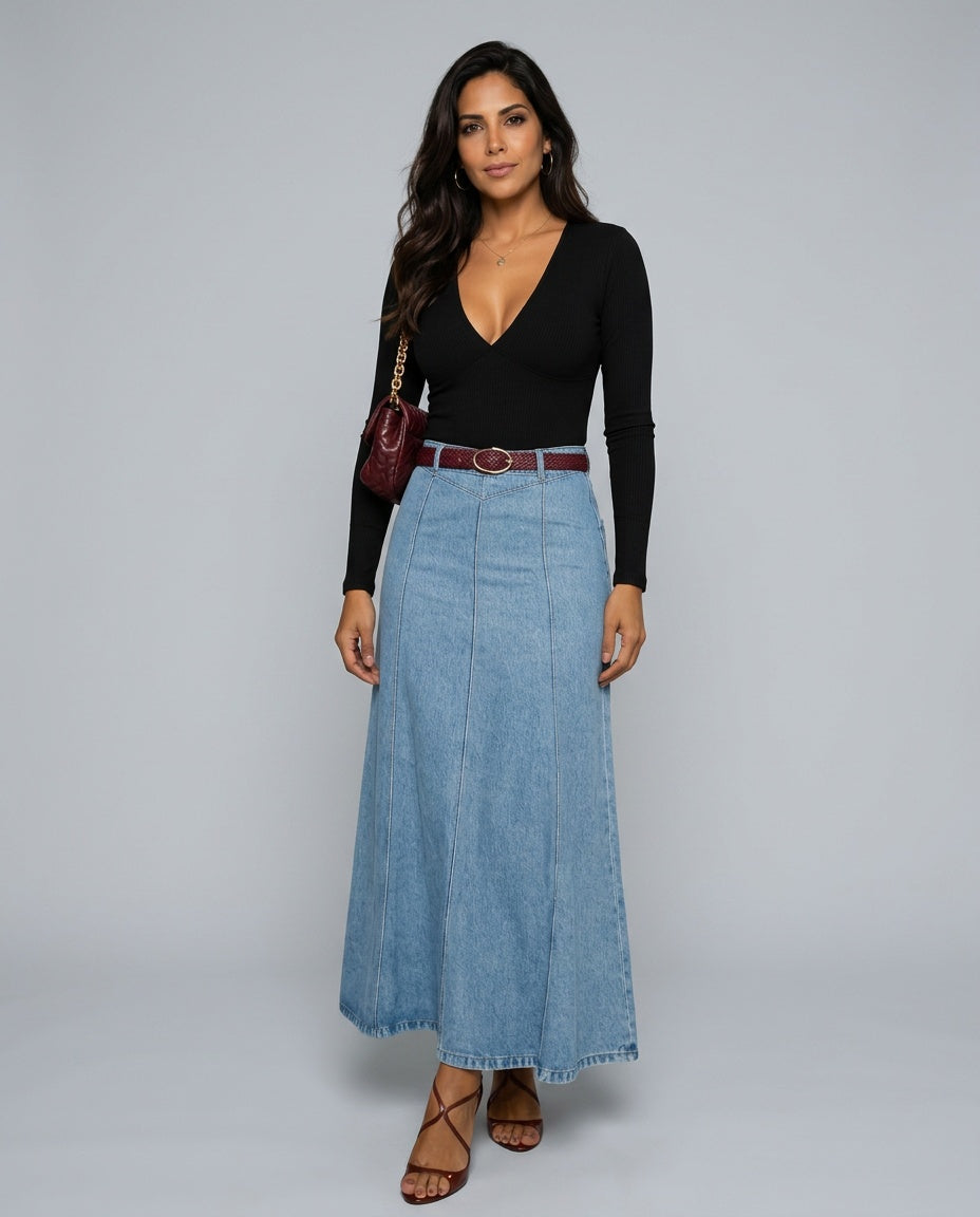 Vera | High Waist A-Line Panel Denim Maxi Skirt