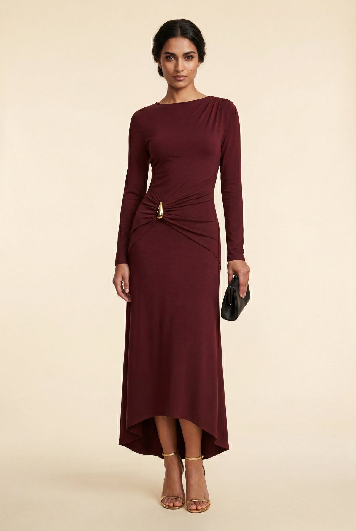 Cleona | Draped Waist Gold Accent Maxi Dress