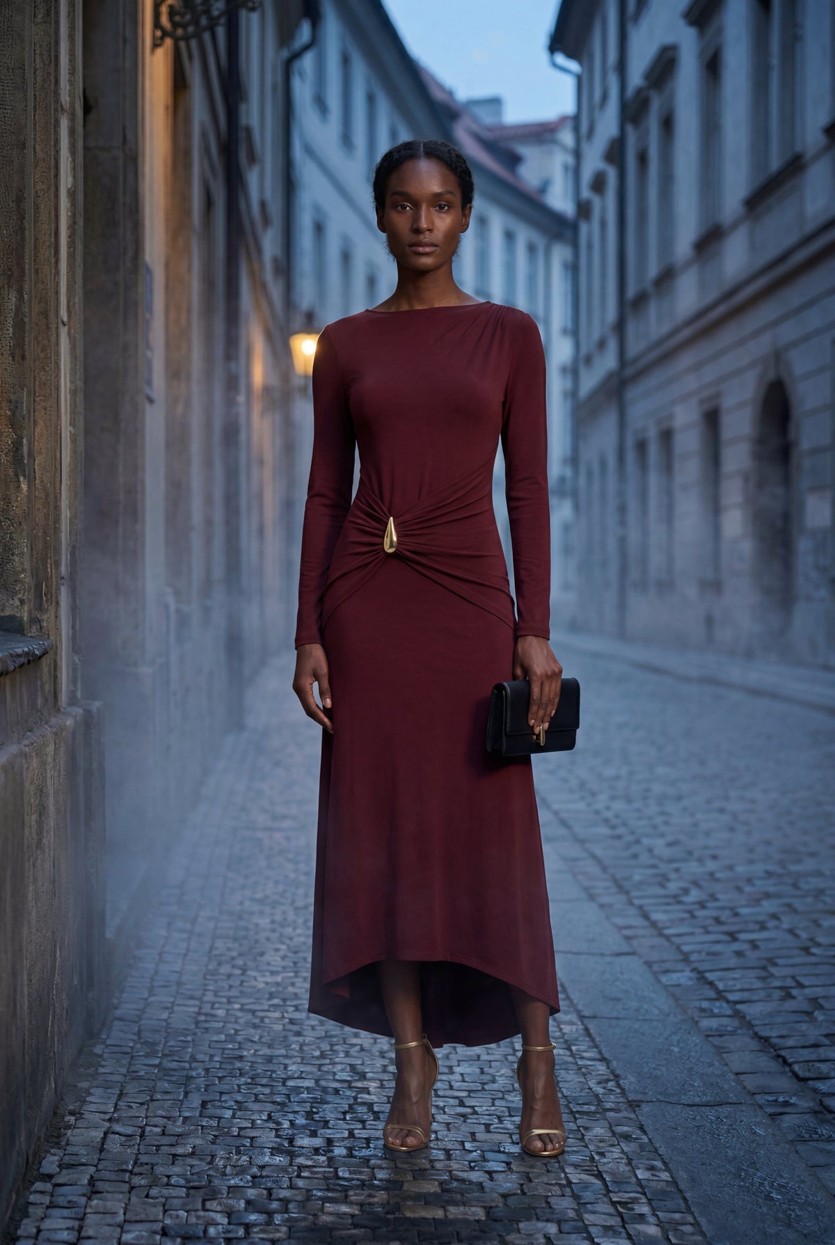 Cleona | Draped Waist Gold Accent Maxi Dress