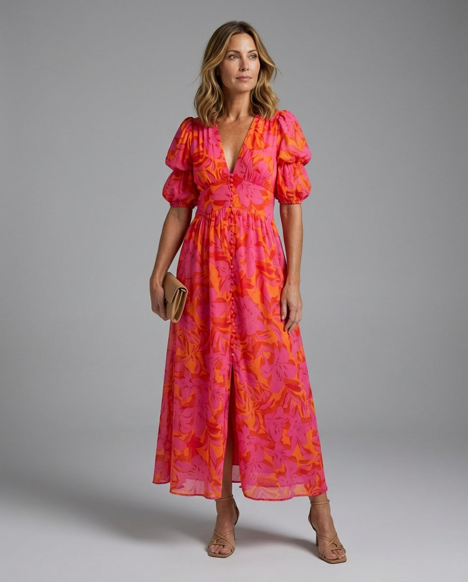 Paloma | Floral V-Neck Puff Sleeve Midi Dress