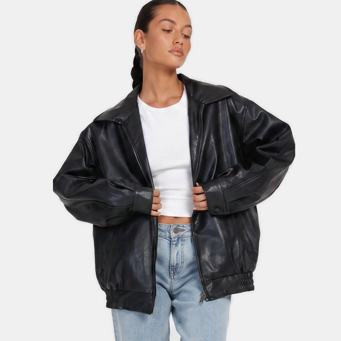 Zoé | Oversized Zip Front Faux Leather Bomber Jacket