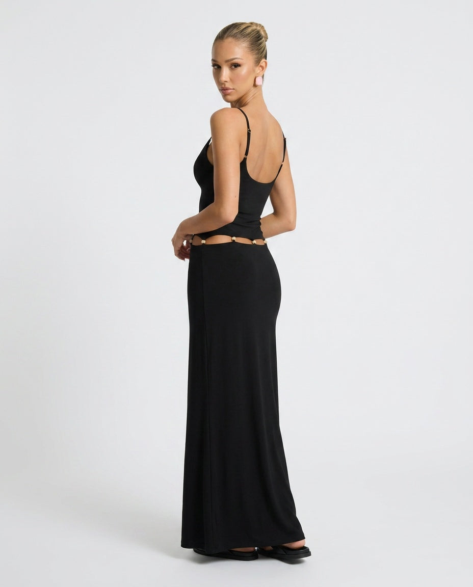 Lorena | Beaded Cut-Out Black Maxi Dress