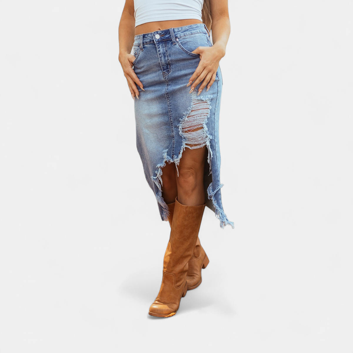 Vivienne | Distressed Asymmetric Raw Hem Denim Midi Skirt