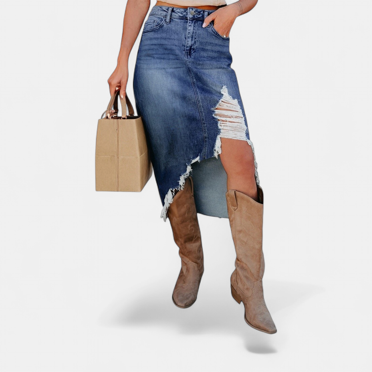 Vivienne | Distressed Asymmetric Raw Hem Denim Midi Skirt
