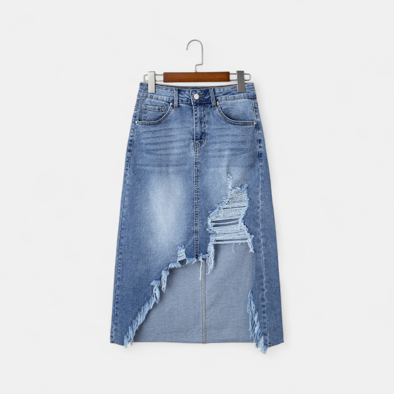 Vivienne | Distressed Asymmetric Raw Hem Denim Midi Skirt