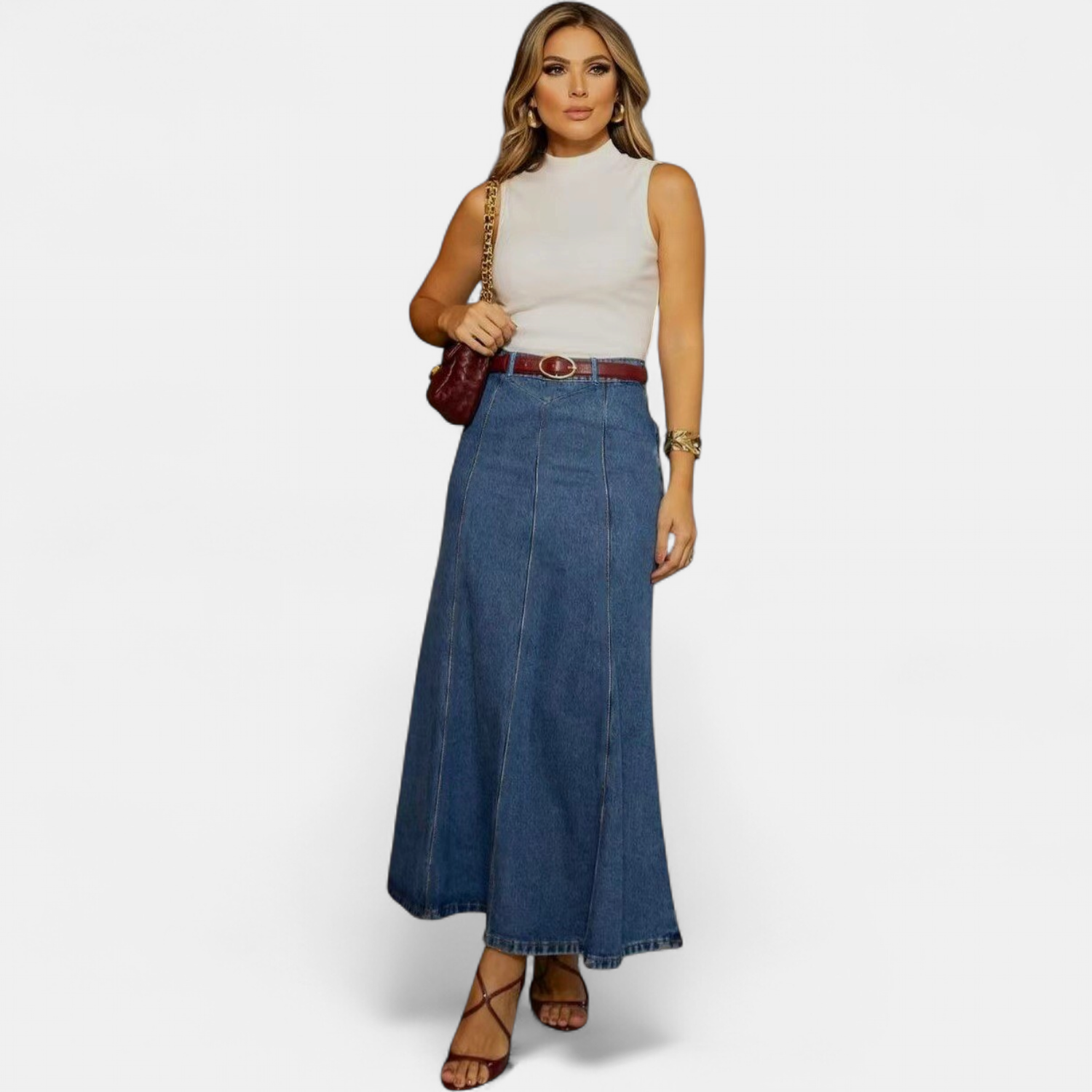 Vera | High Waist A-Line Panel Denim Maxi Skirt