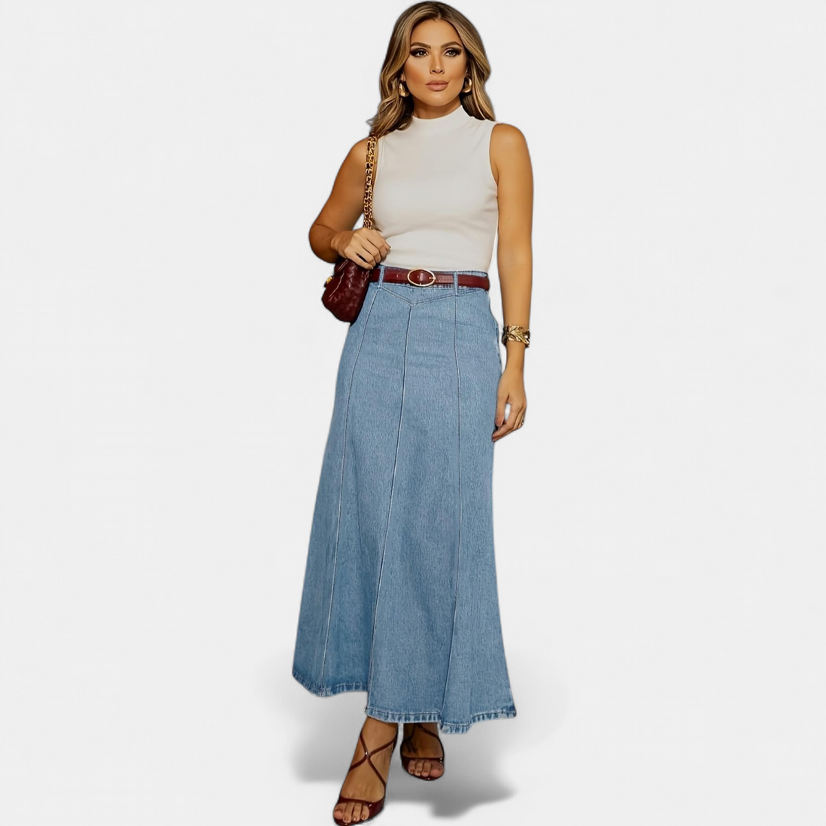 Vera | High Waist A-Line Panel Denim Maxi Skirt