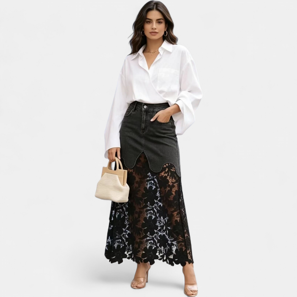 Malena | High Waist Button Front Denim Lace Panel Maxi Skirt