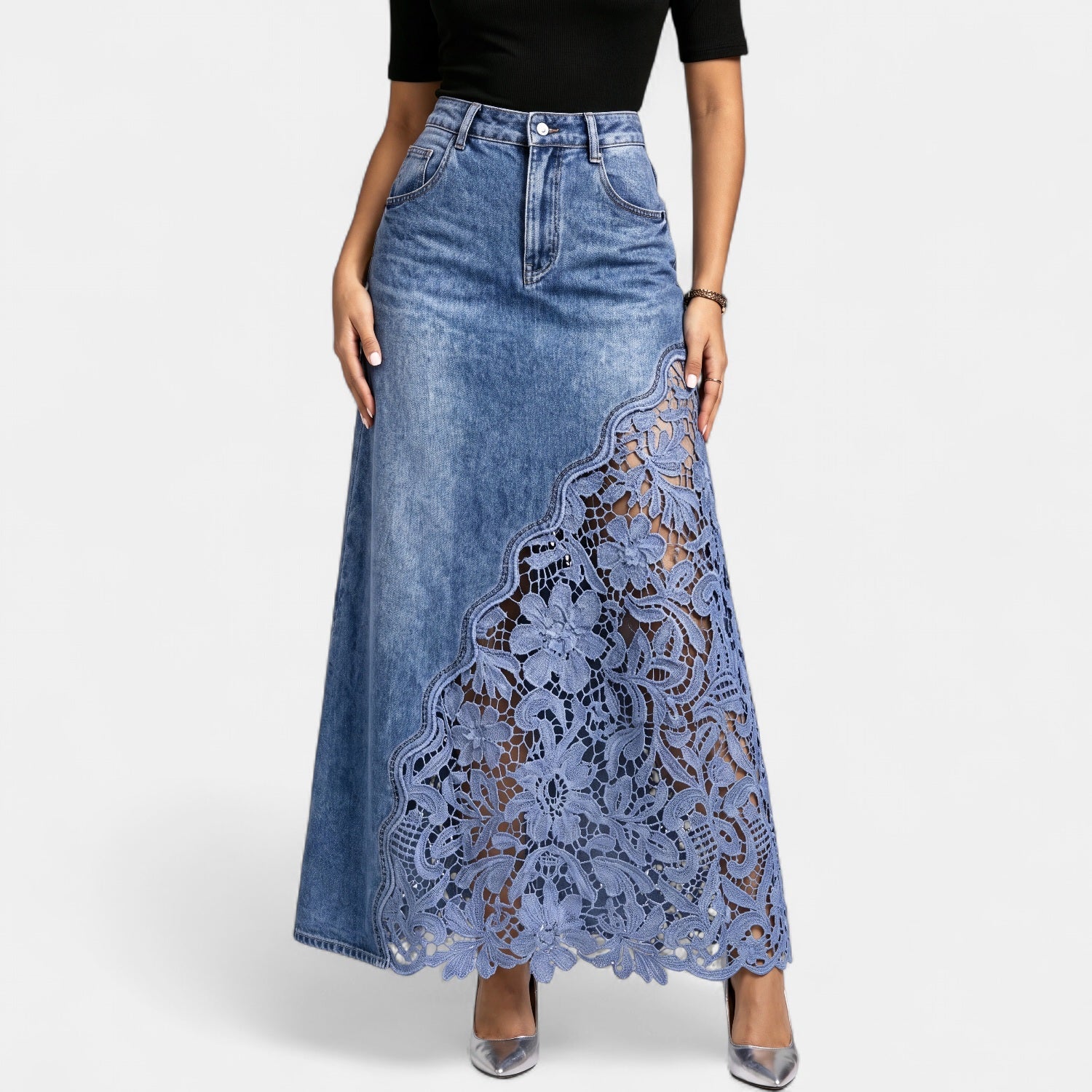 Everly | High Waist Floral Crochet Lace Denim Maxi Skirt