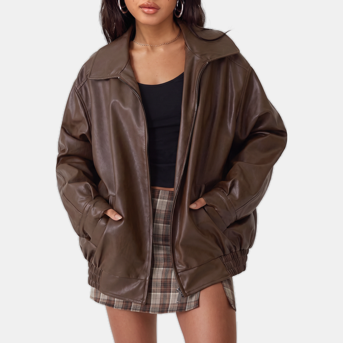 Zoé | Oversized Zip Front Faux Leather Bomber Jacket