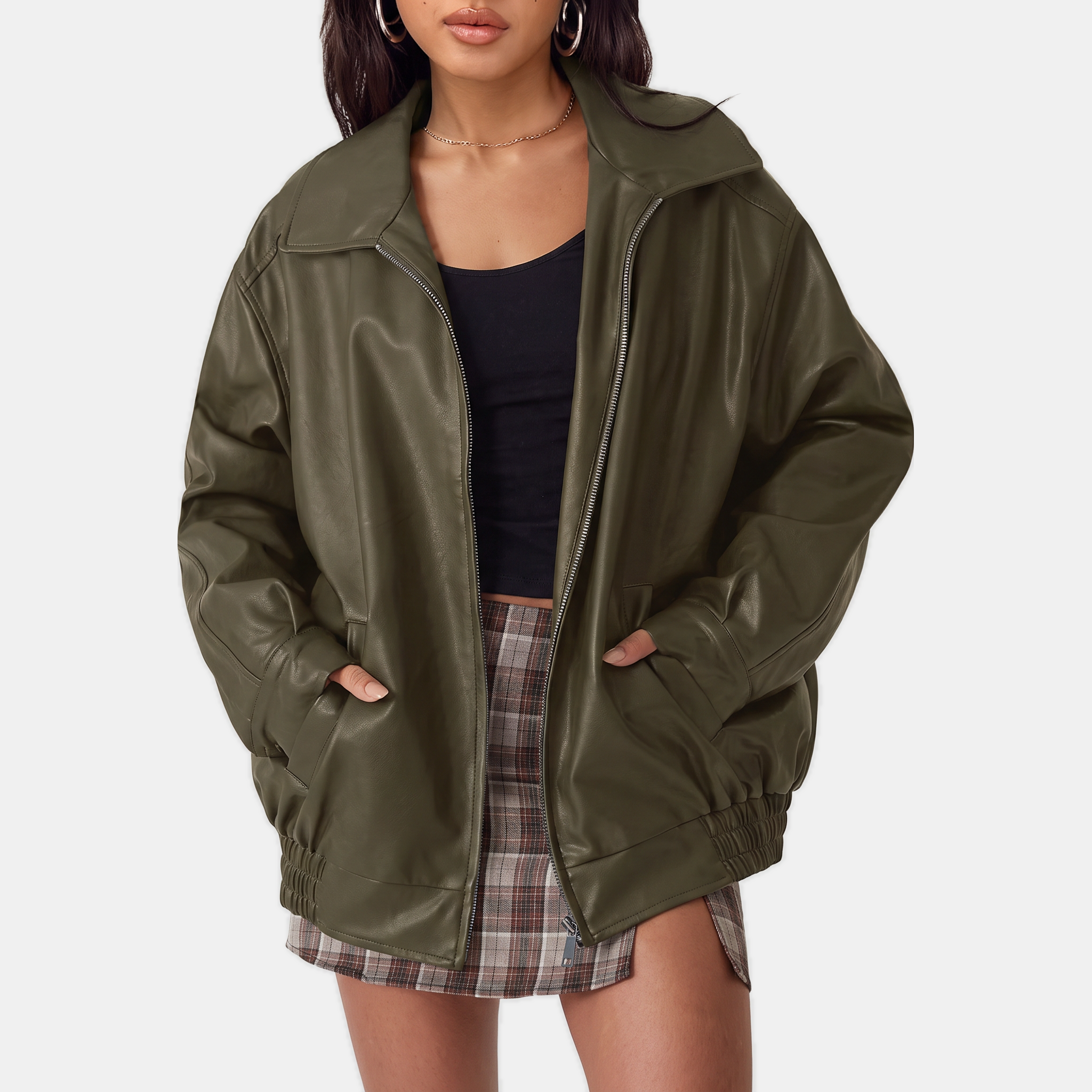 Zoé | Oversized Zip Front Faux Leather Bomber Jacket
