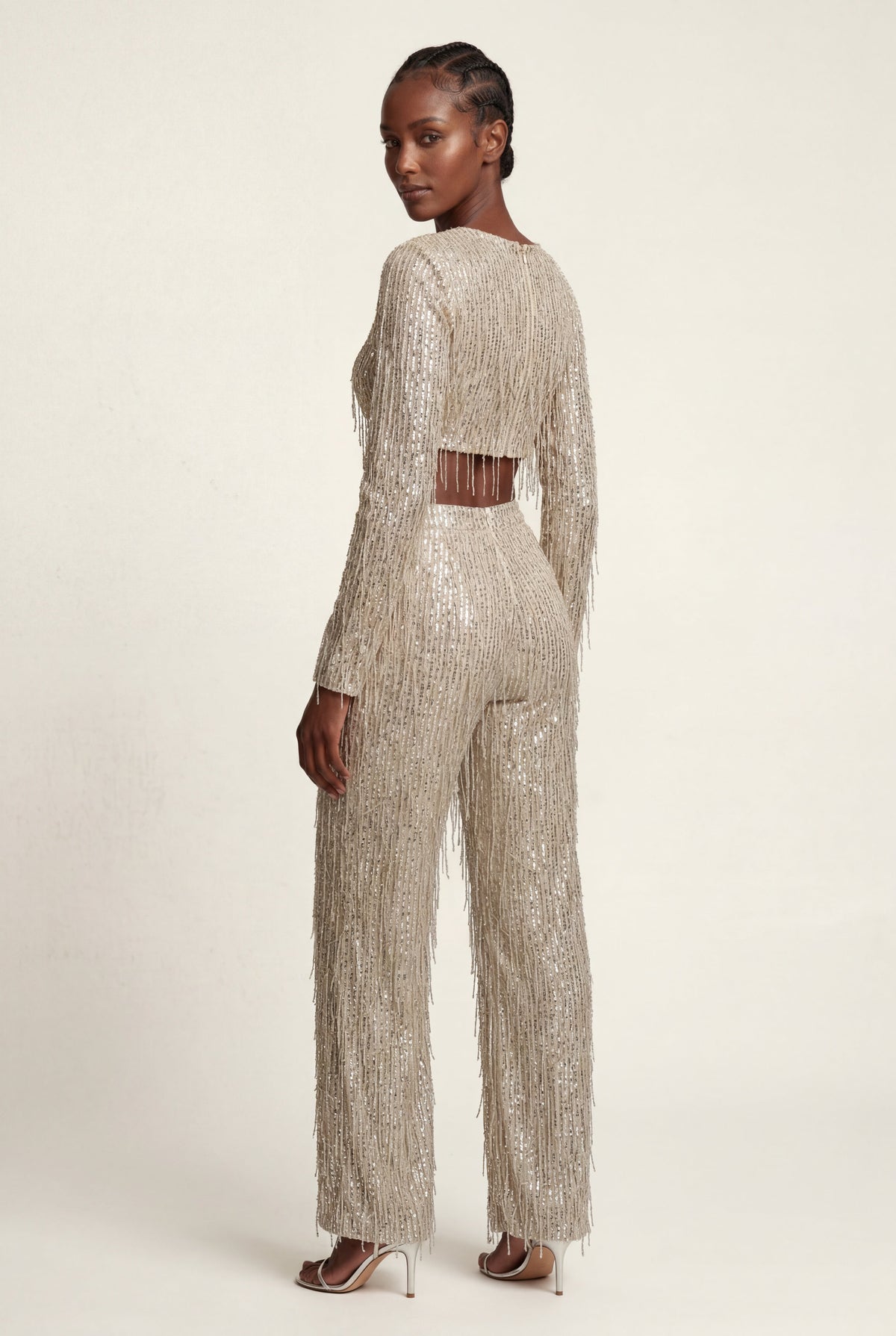 Ada | Sequin Fringe Long Sleeve Crop Top & Wide-Leg Pants Co-ord Set