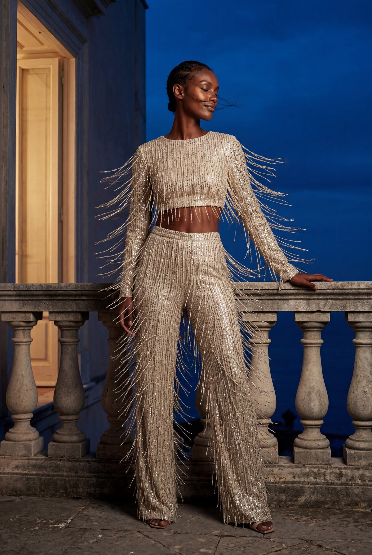 Ada | Sequin Fringe Long Sleeve Crop Top & Wide-Leg Pants Co-ord Set