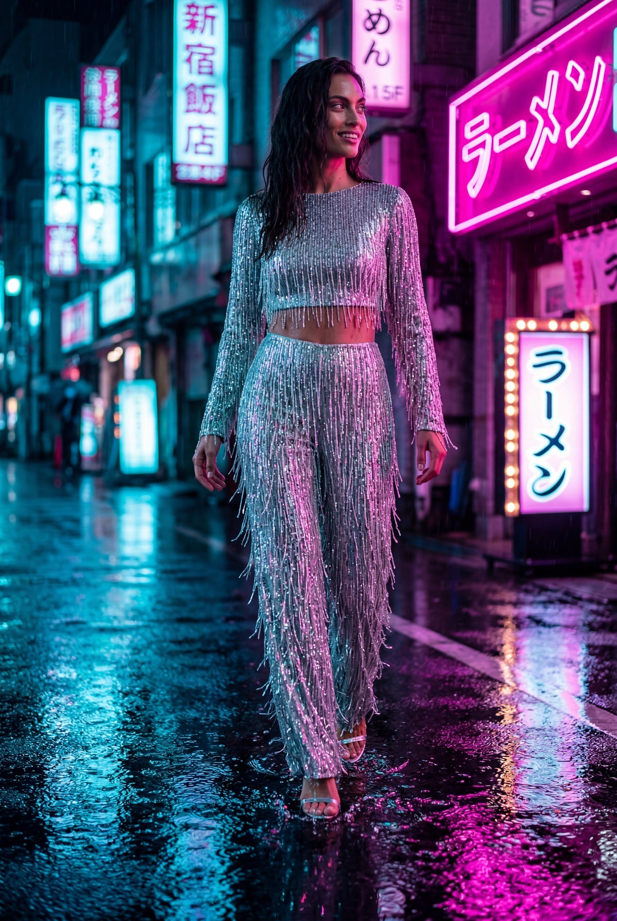 Ada | Sequin Fringe Long Sleeve Crop Top & Wide-Leg Pants Co-ord Set