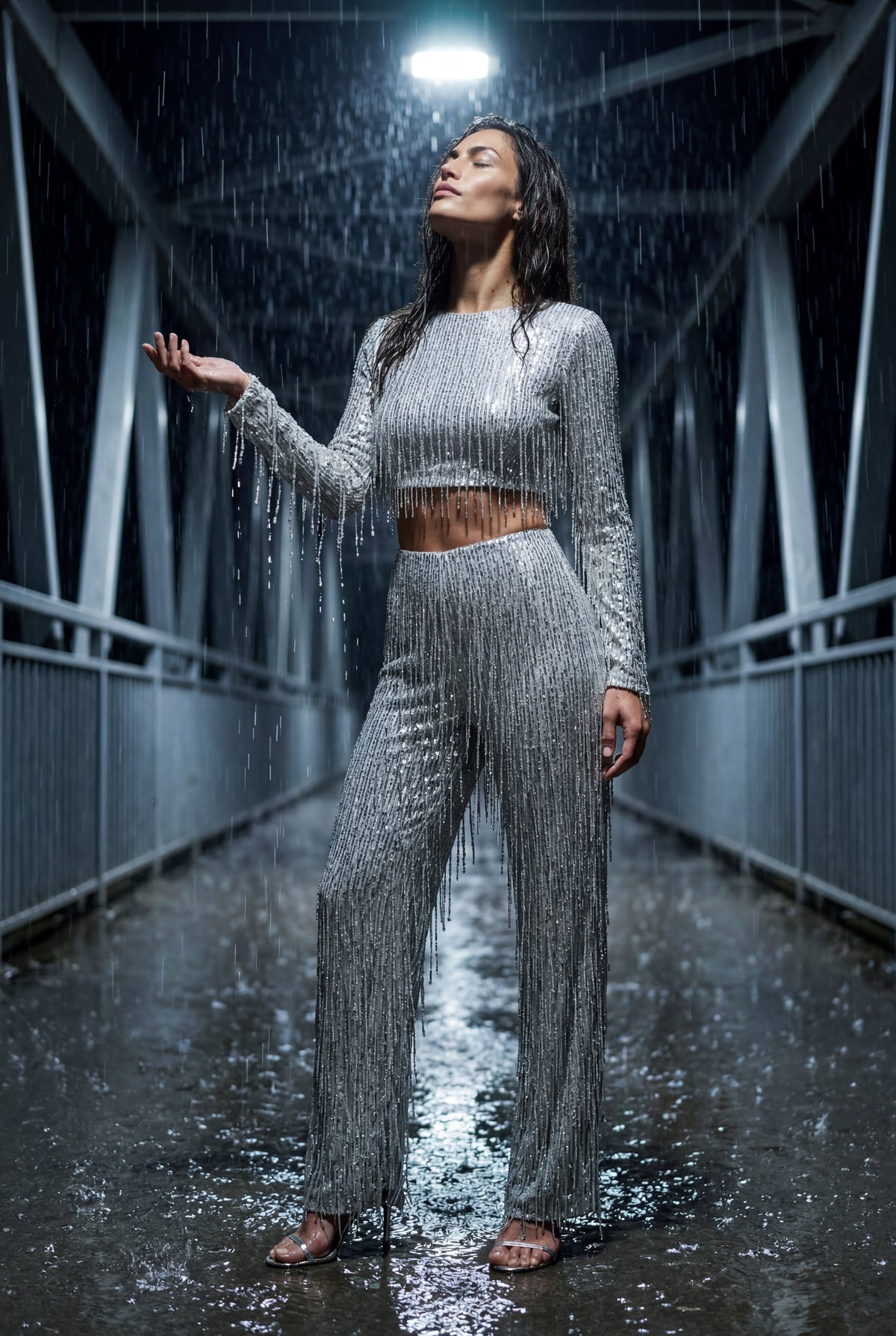 Ada | Sequin Fringe Long Sleeve Crop Top & Wide-Leg Pants Co-ord Set