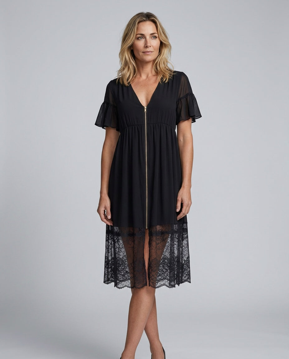 Vivienne | Ruffled Lace-Trim Midi Dress