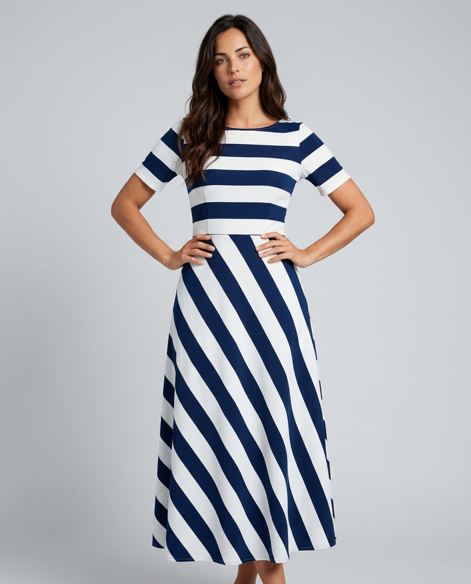 Chloe | Striped A-Line Split Neck Midi Dress