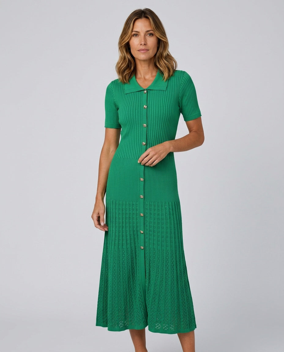 Fleur | Button-Front Collared Knit Midi Dress