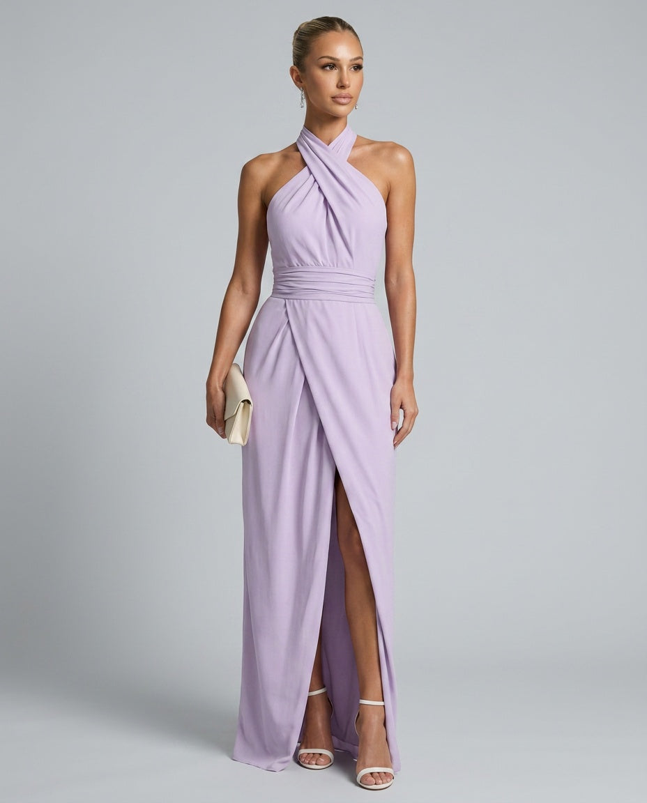 Edith | Cross Halter Draped Side Slit Midi Dress