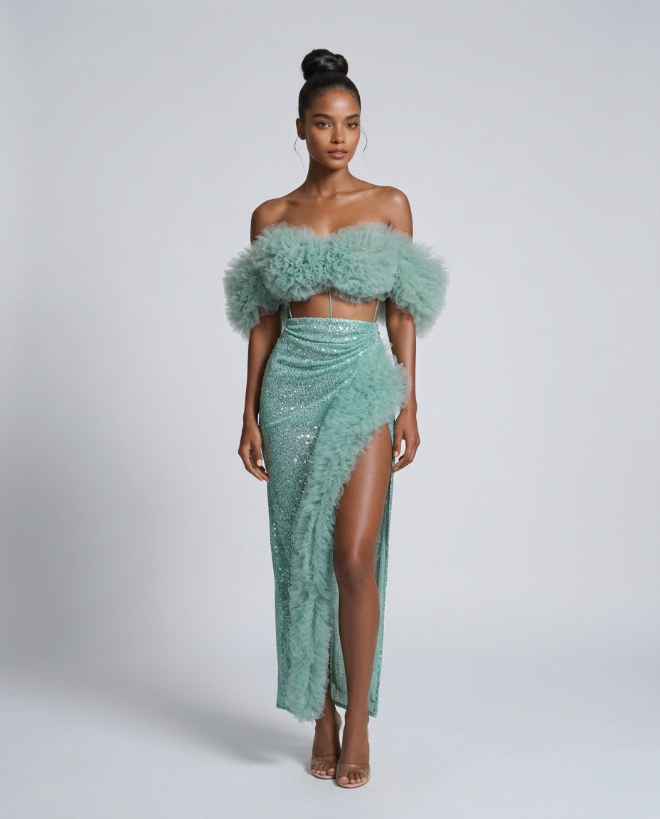 Kira | Corset Tulle Trimmed Sequin Skirt Set