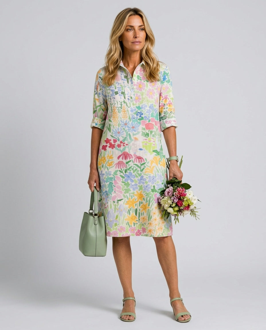 Leontine | Floral Print Collared Knee-Length Midi Dress