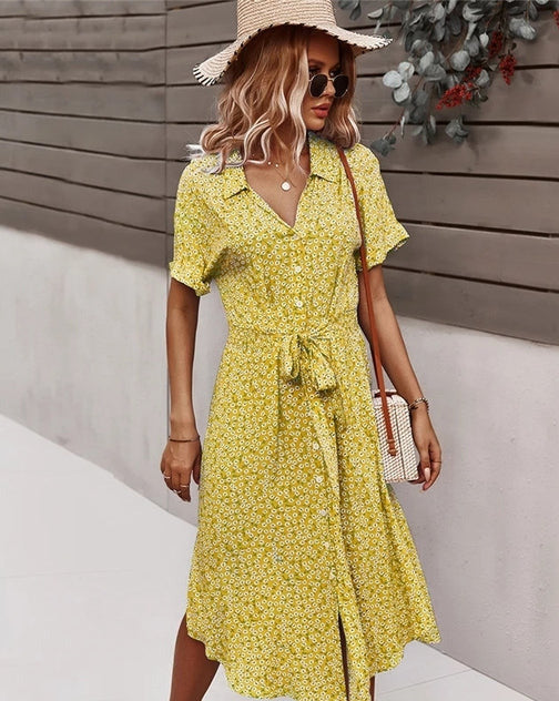Flora | Floral Print Tie-Belt Midi Dress