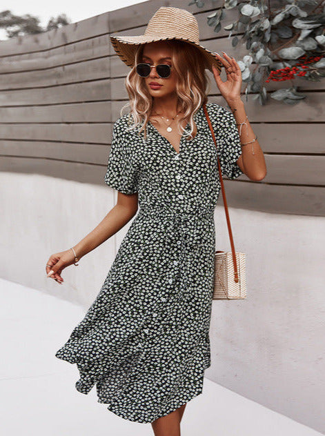 Flora | Floral Print Tie-Belt Midi Dress