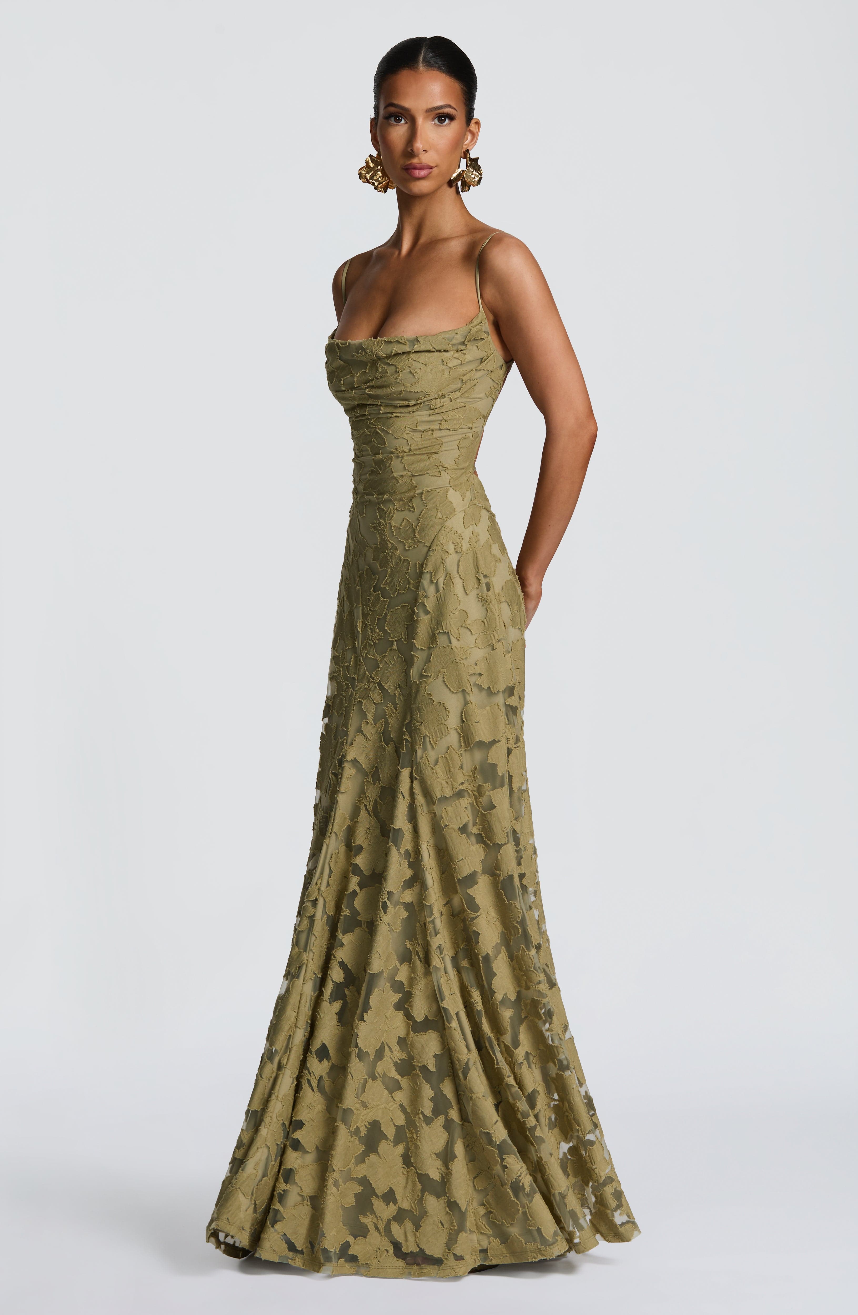 Frankie | Floral Cowl-Neck Lace-Back Maxi Dress