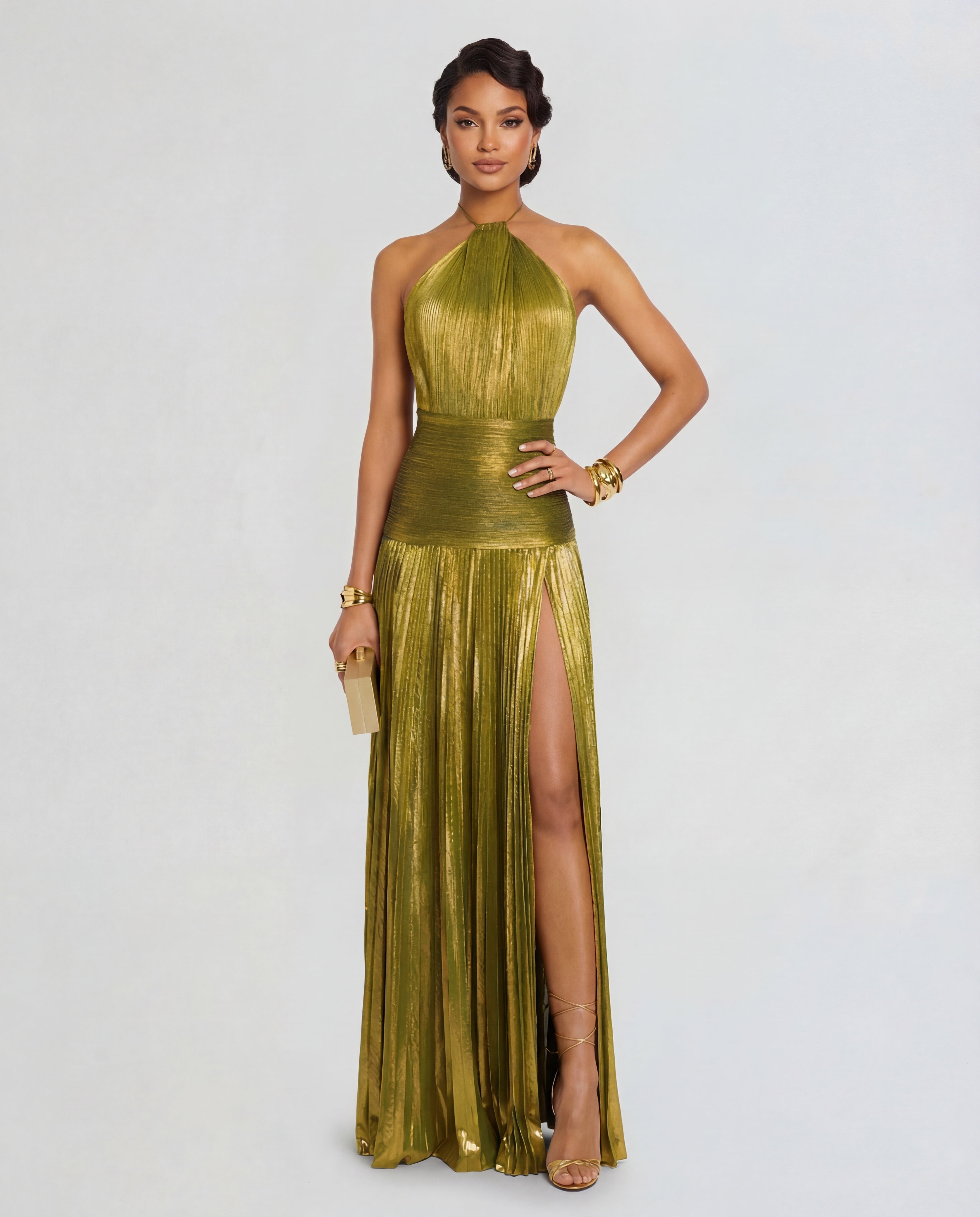 Wren | Halter Neck Pleated High Split Maxi Dress