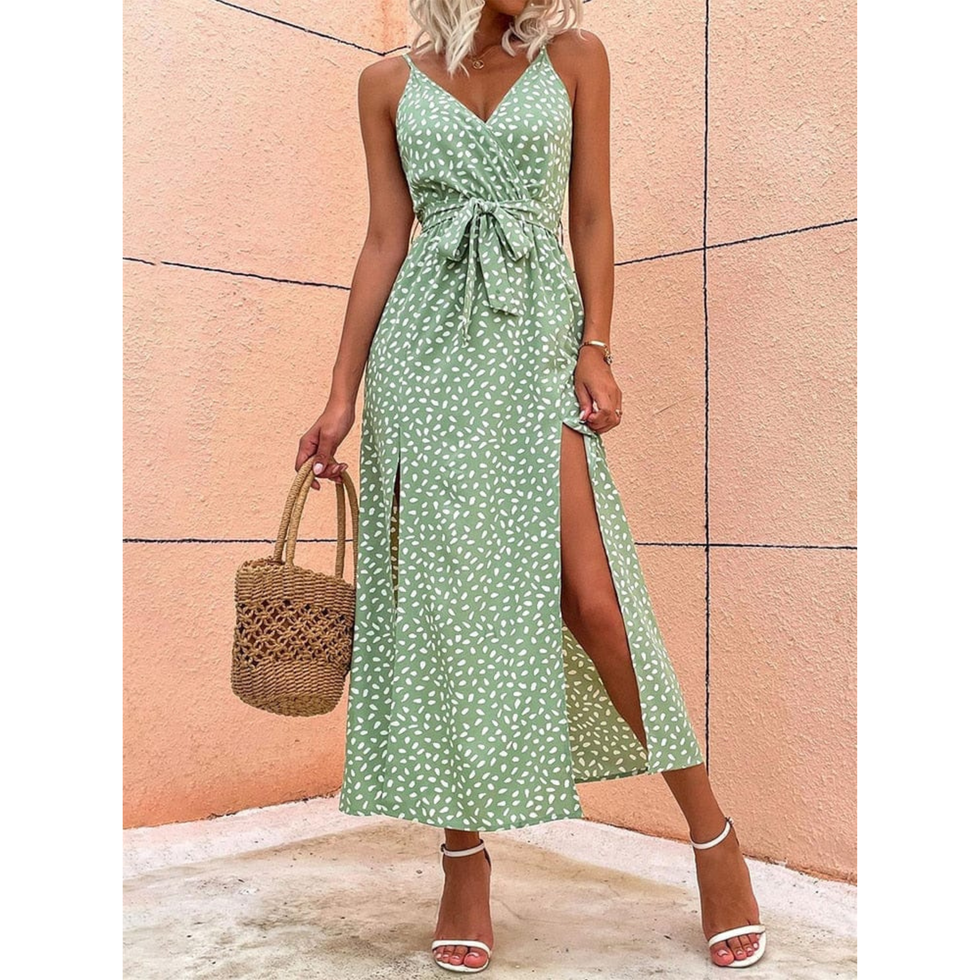 Aubrey | Polka Dot Wrap Midi Dress with Side Split