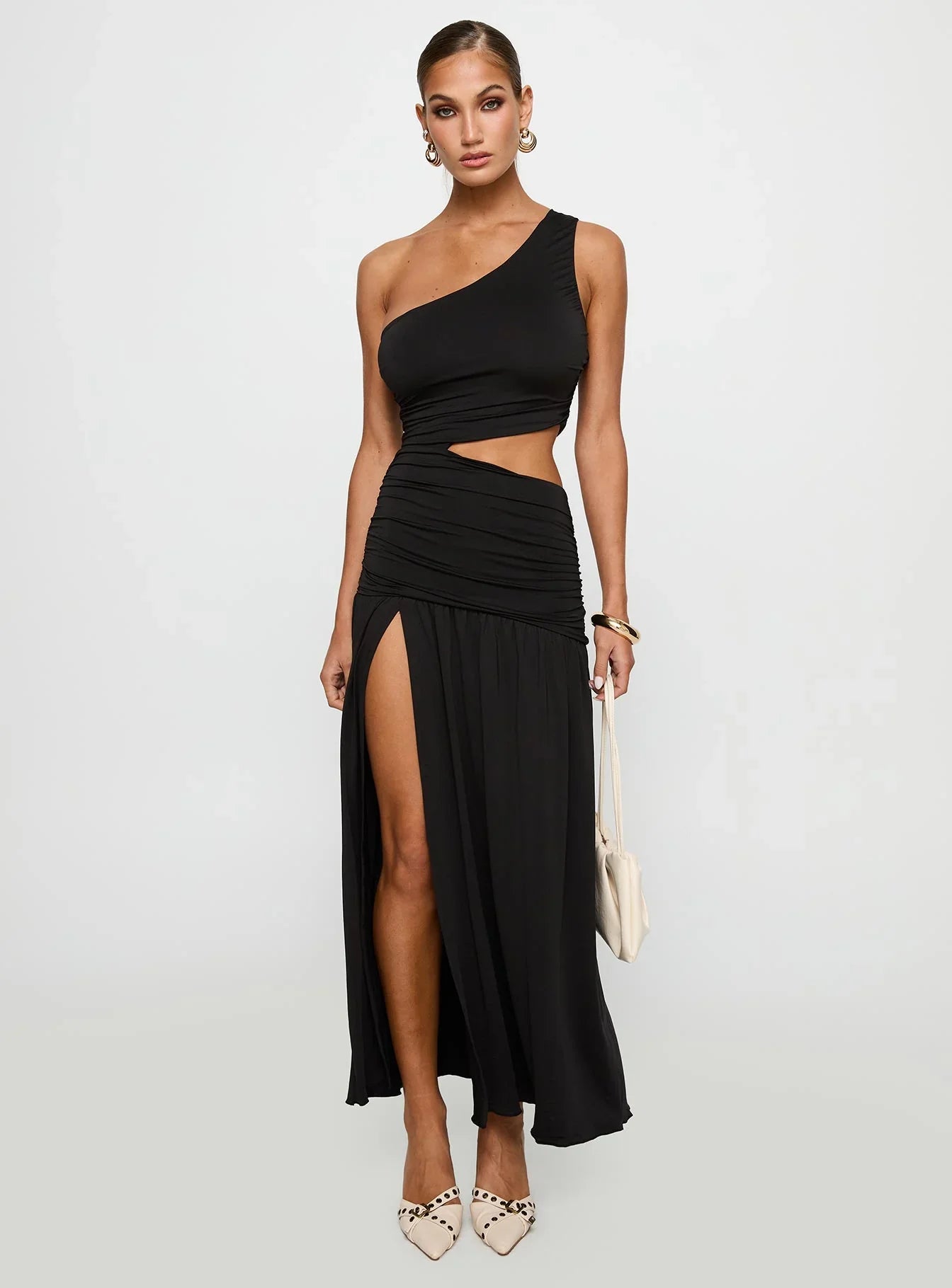 Harlow | Ruched Cut-Out High Split Maxi Dress