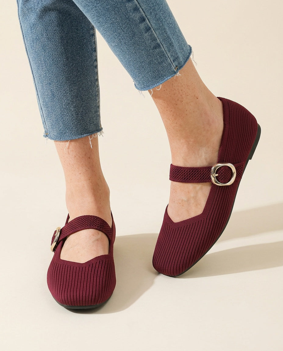 Giselle | Square Toe Knit Mary Jane Flats