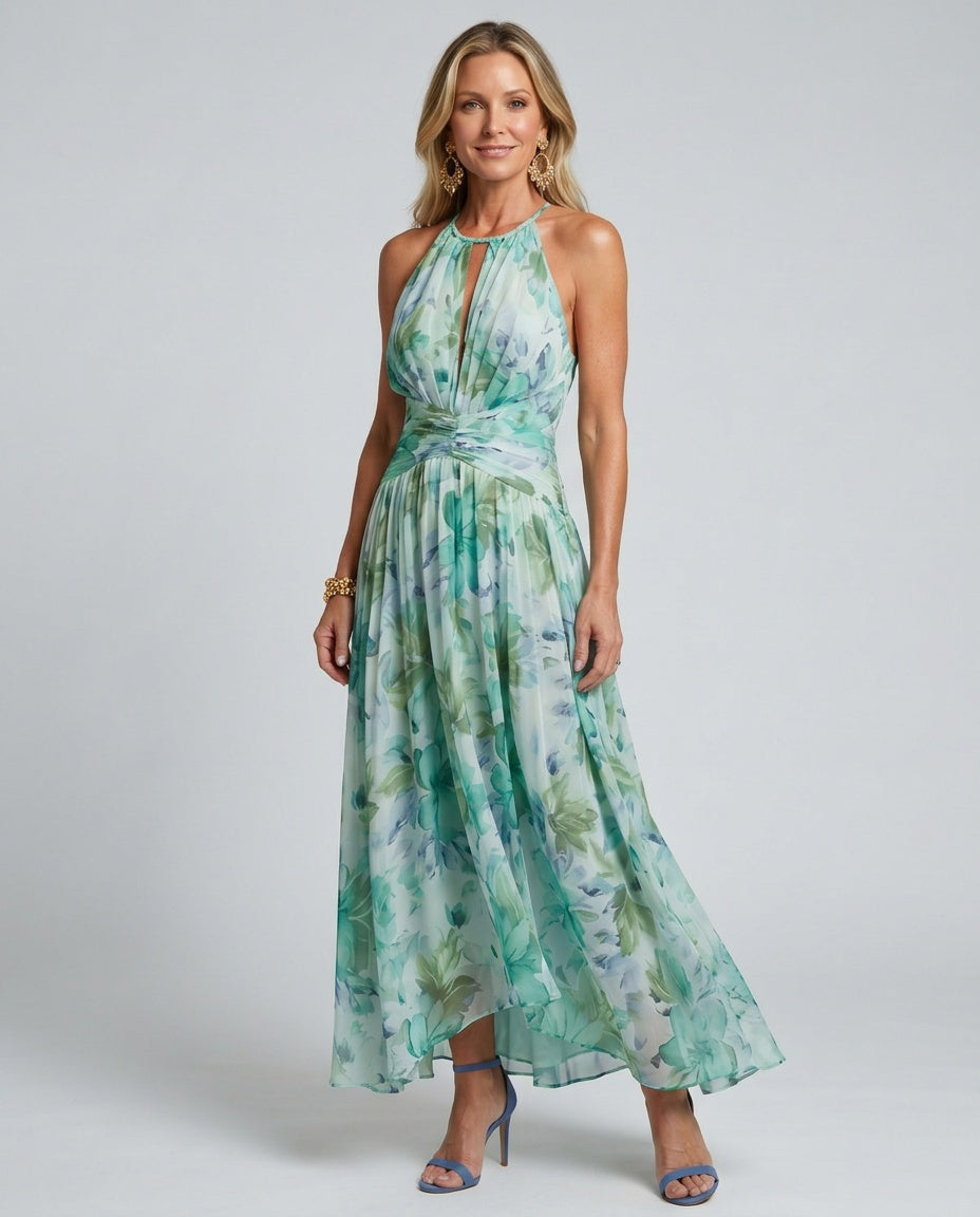 Beatriz | Pleated Halter Floral Midi Dress