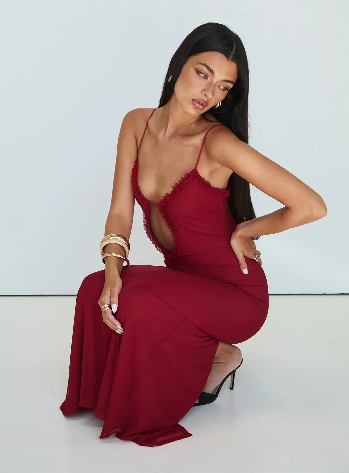Capisce | Ruched Lace Cut-Out High Split Maxi Dress