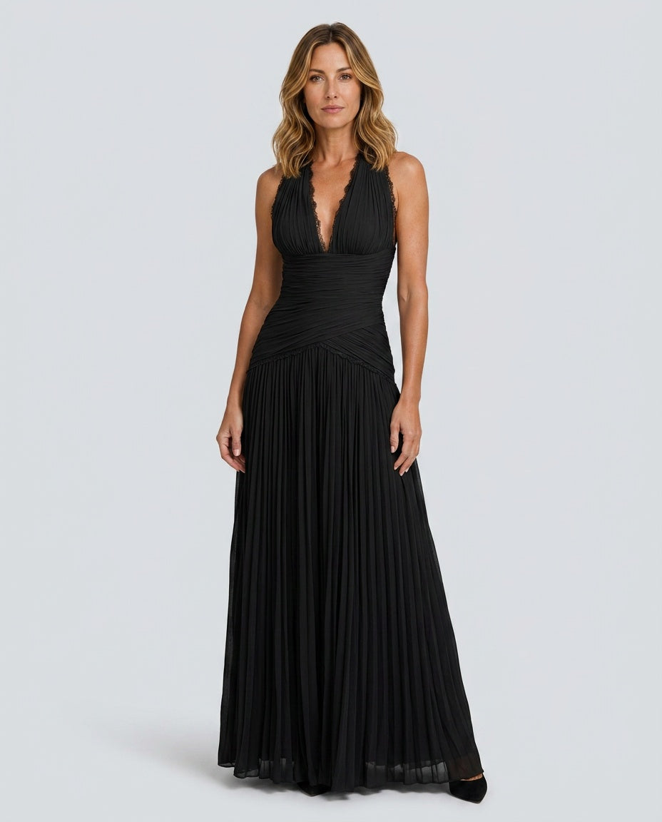 Winnie | Halter Neck Lace-Trim Gathered Maxi Dress
