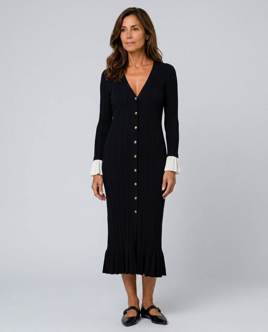 Marlowe | Two-Tone Ruffle Long Sleeve Midi Dress