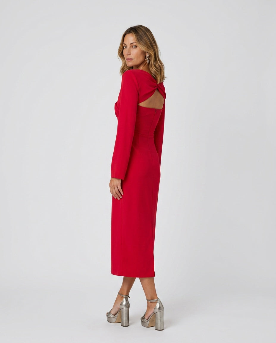 Celeste | Long Sleeve Crossover Front Knot Midi Dress