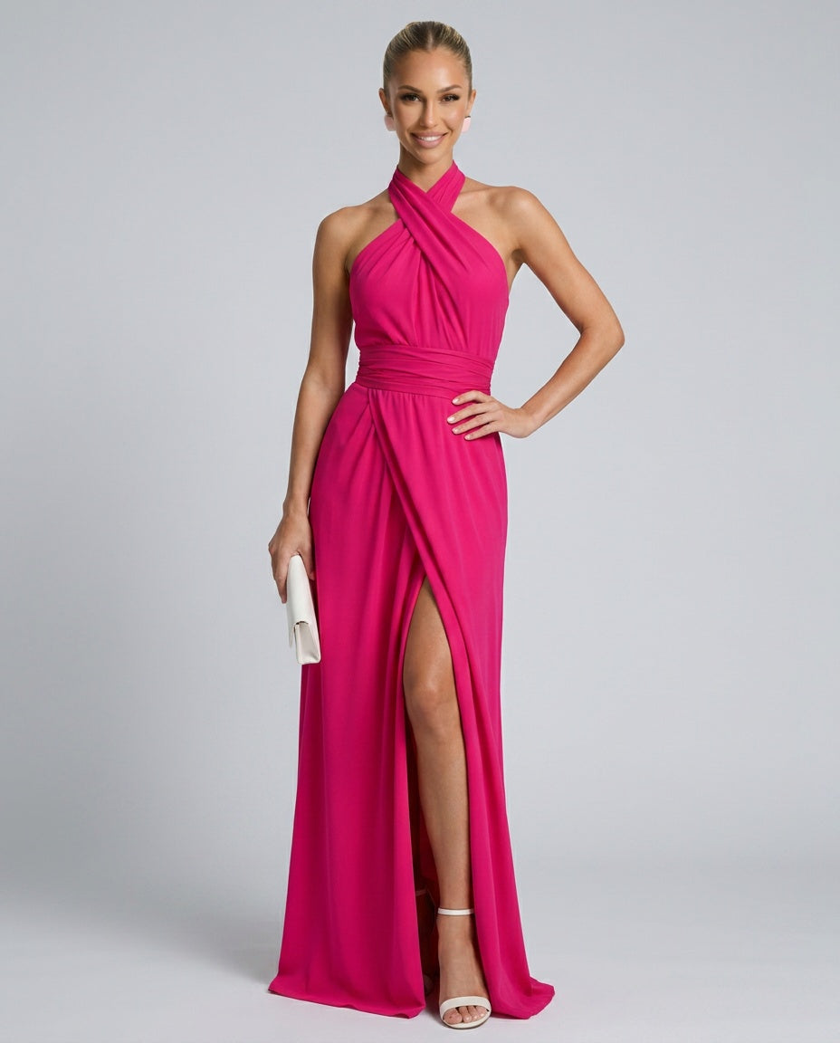 Edith | Cross Halter Draped Side Slit Midi Dress