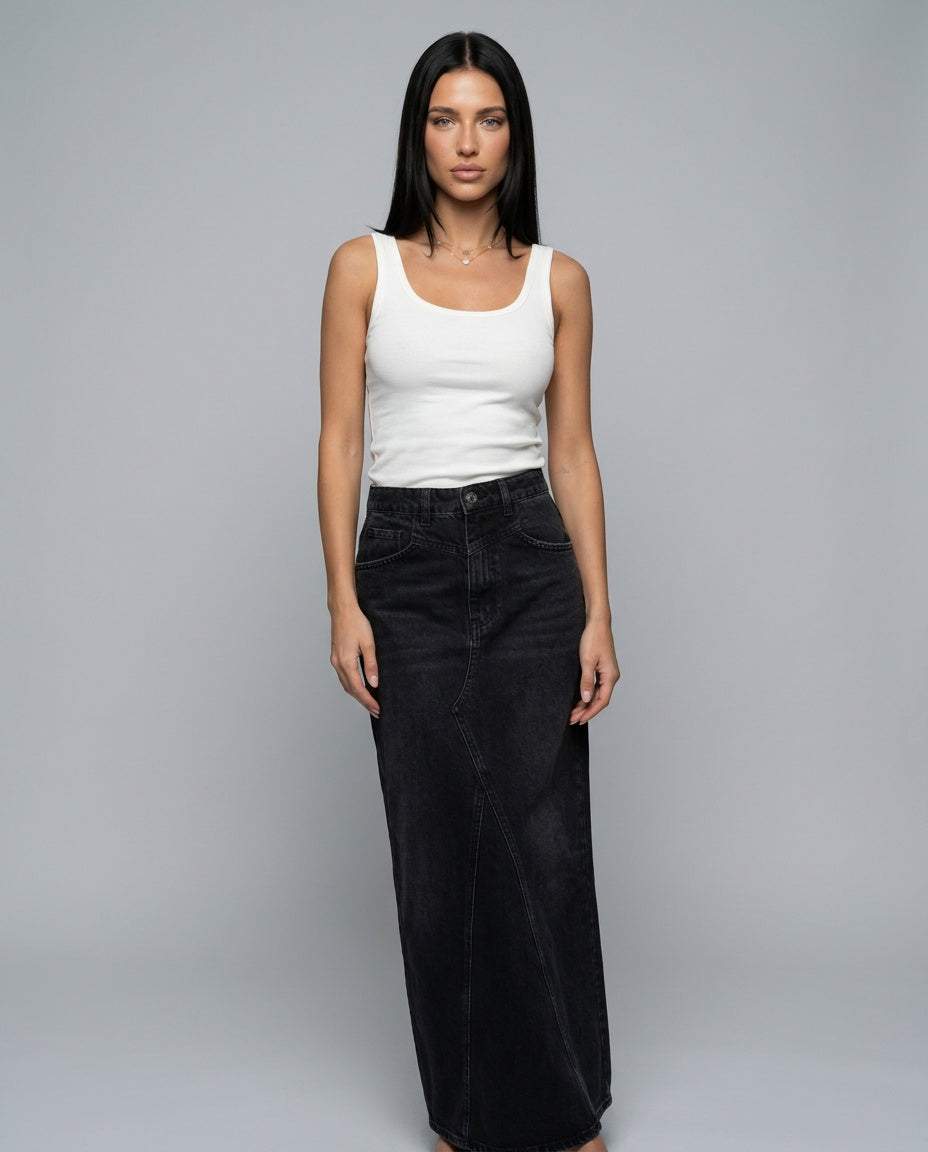 Hazel | High Waist Five Pocket Denim Maxi Skirt