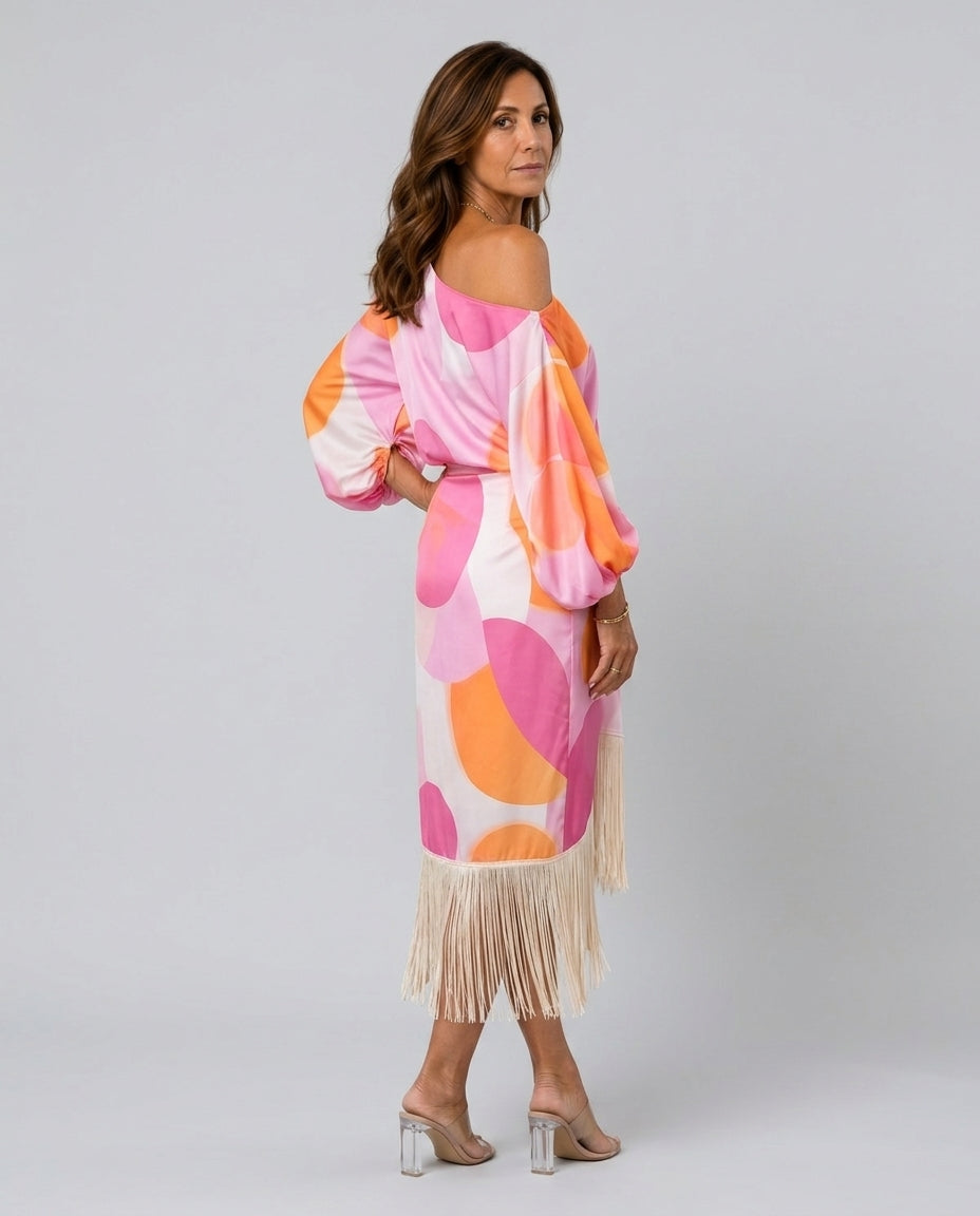 Koda | Abstract Print Fringe Hem Midi Dress