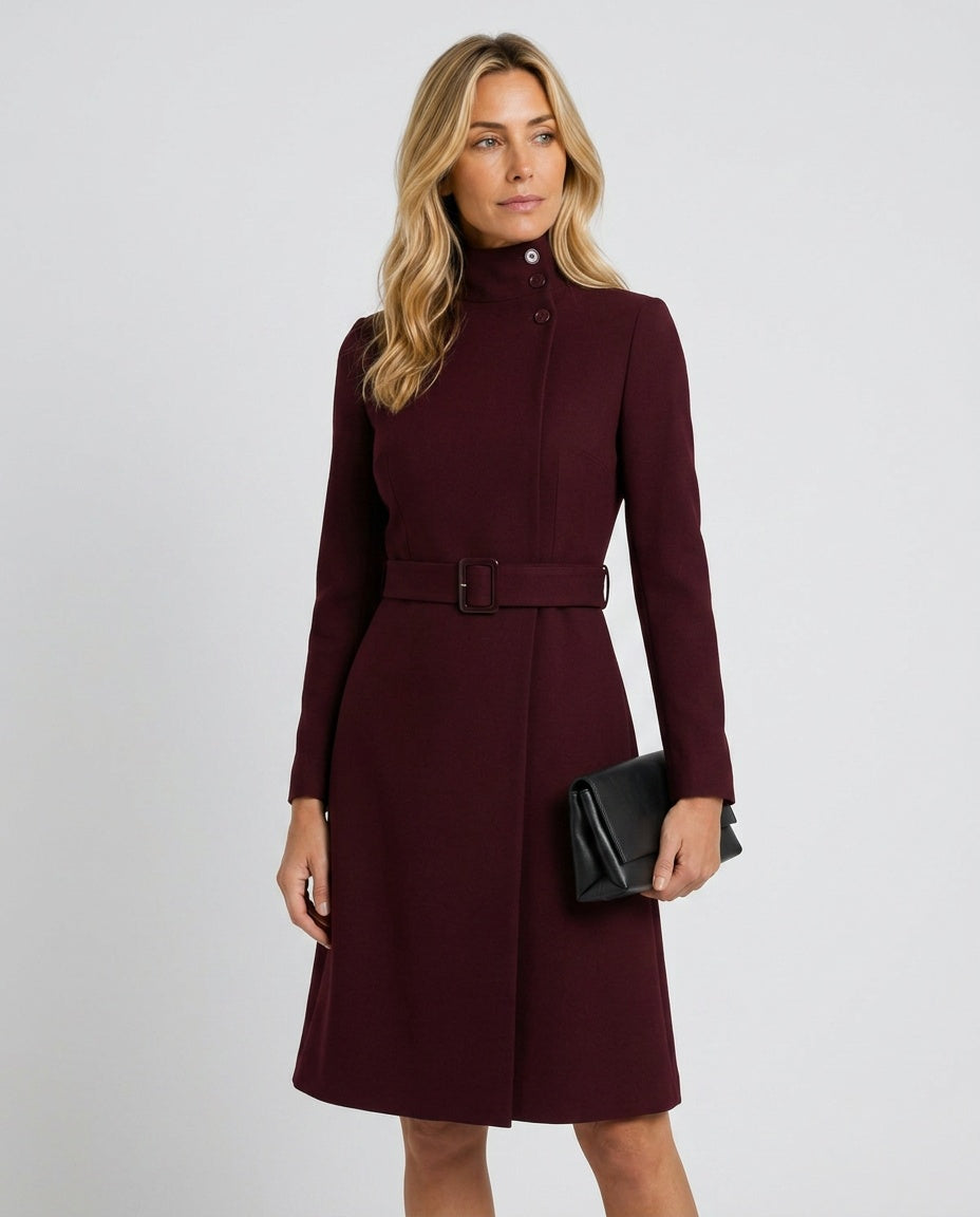 Adriana | Belted High Neck Long Sleeve Midi Dress