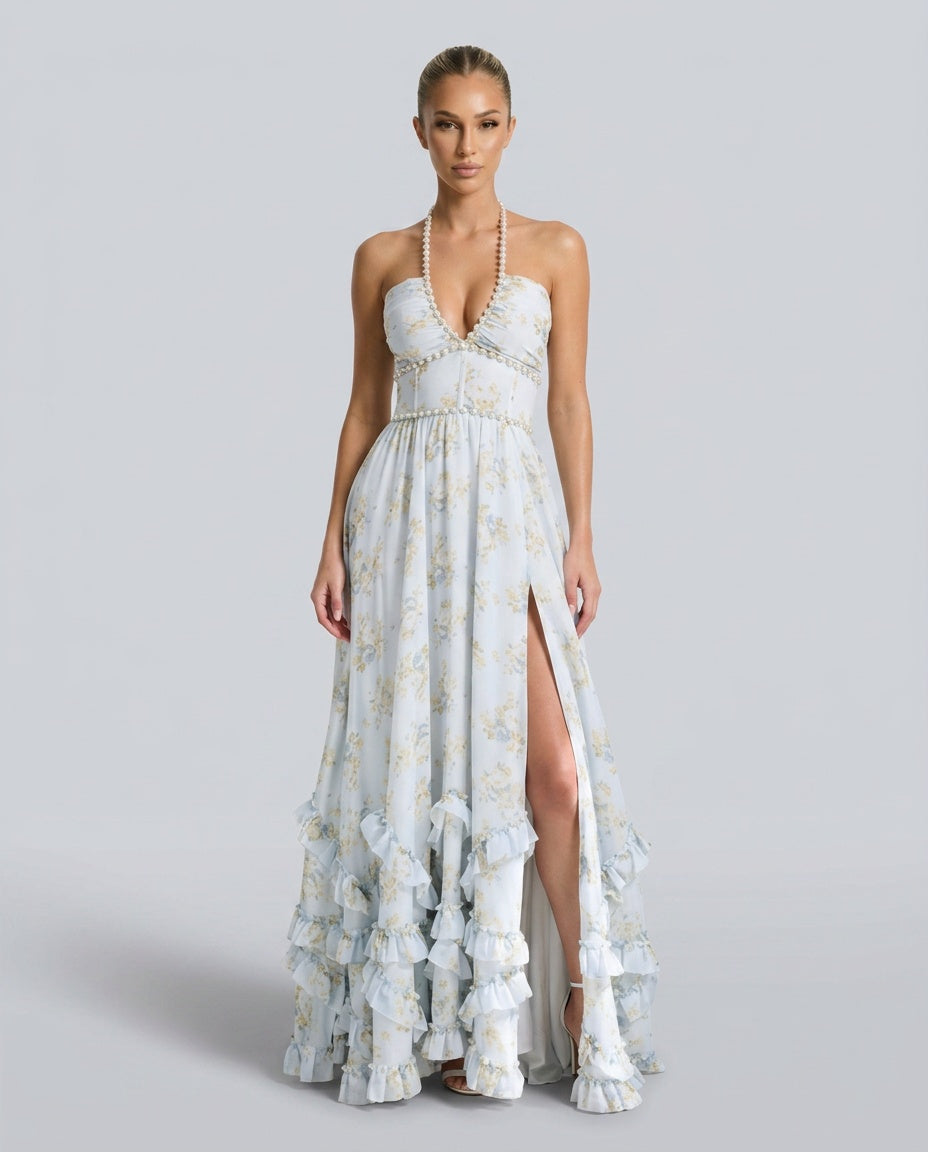 Rocio | Halter V-Neck Layered Floral Maxi Dress