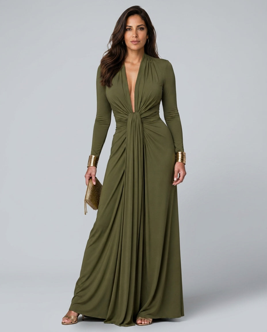 Beatriz | Draped Deep V-Neck Long Sleeve Maxi Dress