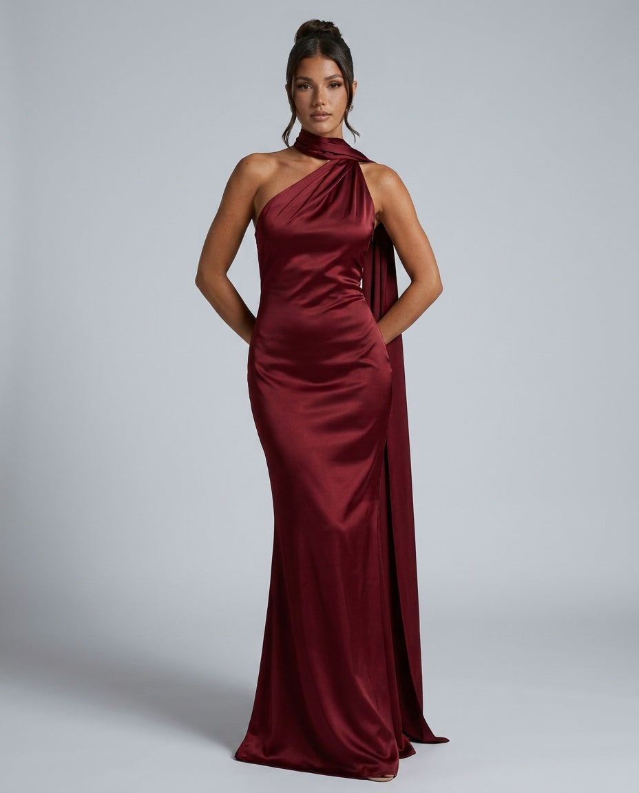 Savannah | One-Shoulder Scarf Detail Satin-Look Maxi Dress