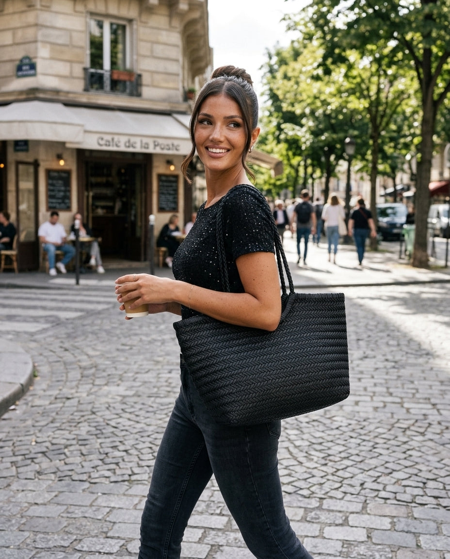 Hand-Woven Vegan Leather Tote Bag with Shoulder Strap
